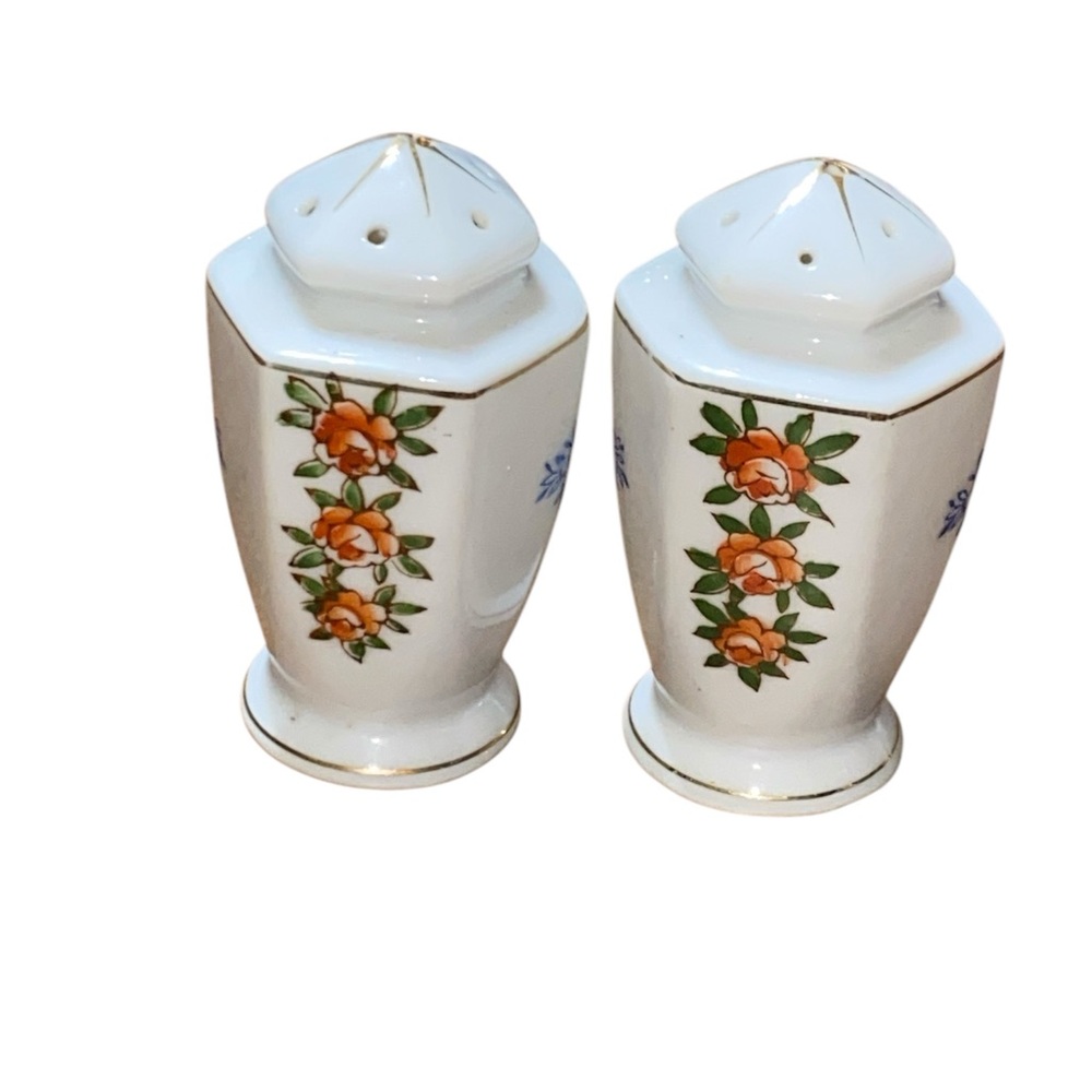 VTG Salt Pepper Shakers Original Cork H Kato Floral 6 Sided Fall